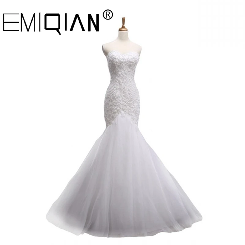 

Lace Up Full Beading Pearls Mermaid Wedding Dresses, Long Royal Train Bridal Gowns