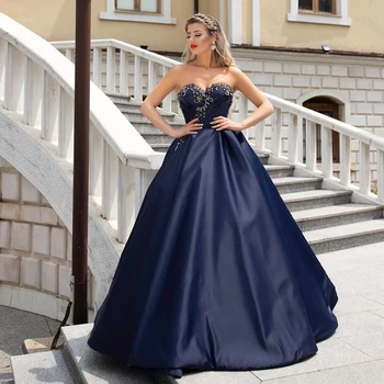 

Navy Blue Evening Dresses Long Satin A-Line Sweetheart Hand-Beaded Floor Length Prom Party Dress Formal Gown Vestido de festa Lo