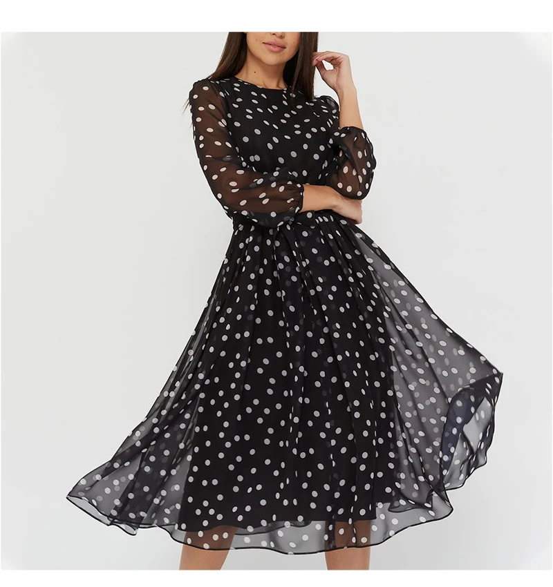 S.FLAVOR Vintage Dot Printing Women 2021 Spring Chiffon Dress Summer Fashion Casual Dress Boho Beach Women A-line Vestidos