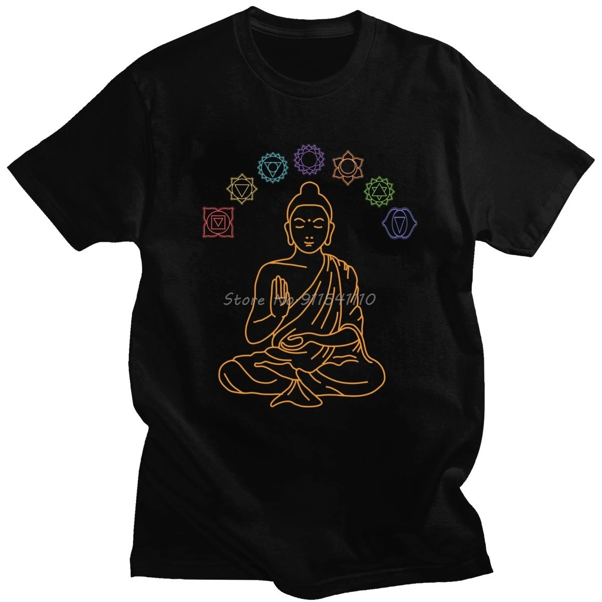 Seven Chakras Meditating Buddha T Shirt Men Cotton Graphic T-shirt O-neck Short Sleeve Buddhism Mandala Tee Tops Fitted Apparel