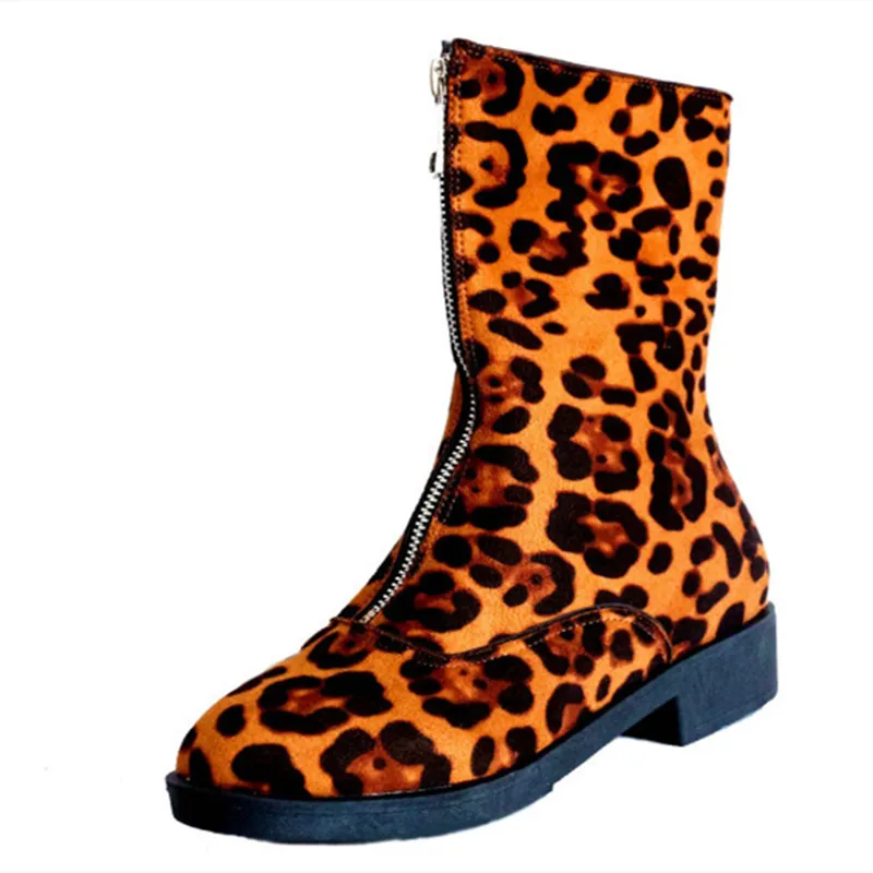 Women Leopard Printed Flock Mid-Calf Retro Boots Square Heel 3.5cm With Platform Round Toe Shoes For Autumn Warm Booty Front Zip | Обувь
