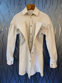 

2020 Spring and Summer New Women's Lapel Irregular Splicing Double Button Decorative Stripe Long-Sleeved Tops 414