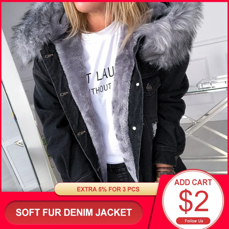 

Women's Warm Soft Fur Coat Denim Jacket Winter Plush Overcoat Elegant Big Fur Hood Collar Outerwear Autumn Female Long Jackets