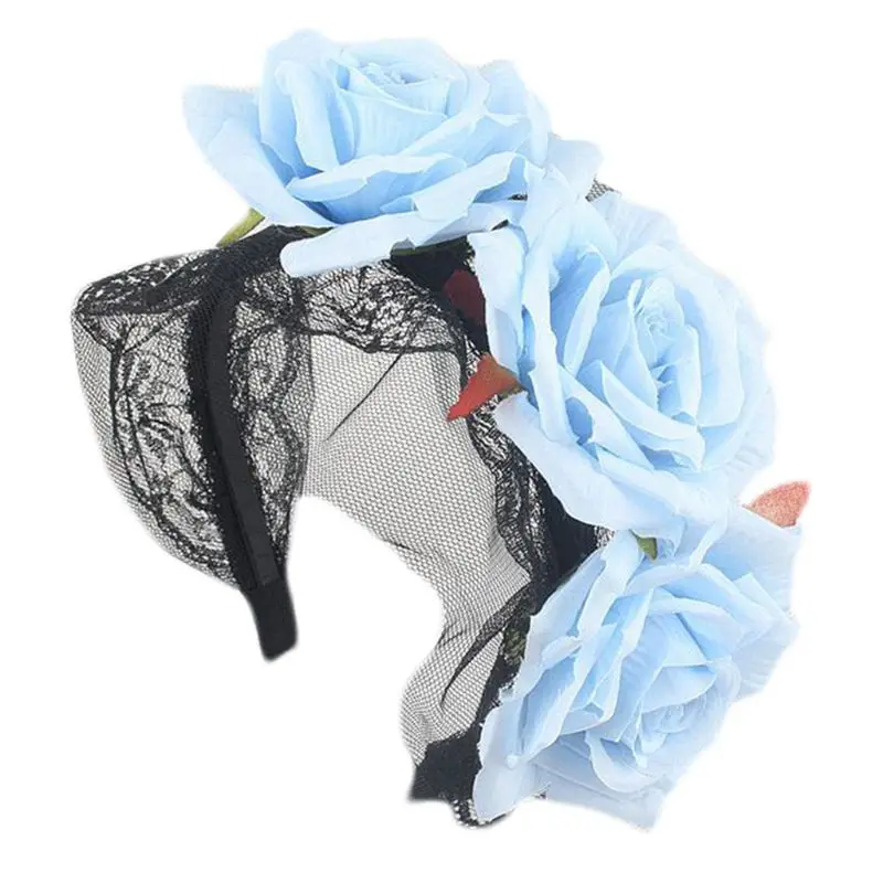 Girls Gothic Halloween Artificial Rose Flower Headband Crown with Black Lace Wrapped Hair Hoop Day of The Dead Headpiece NEW - Color: G