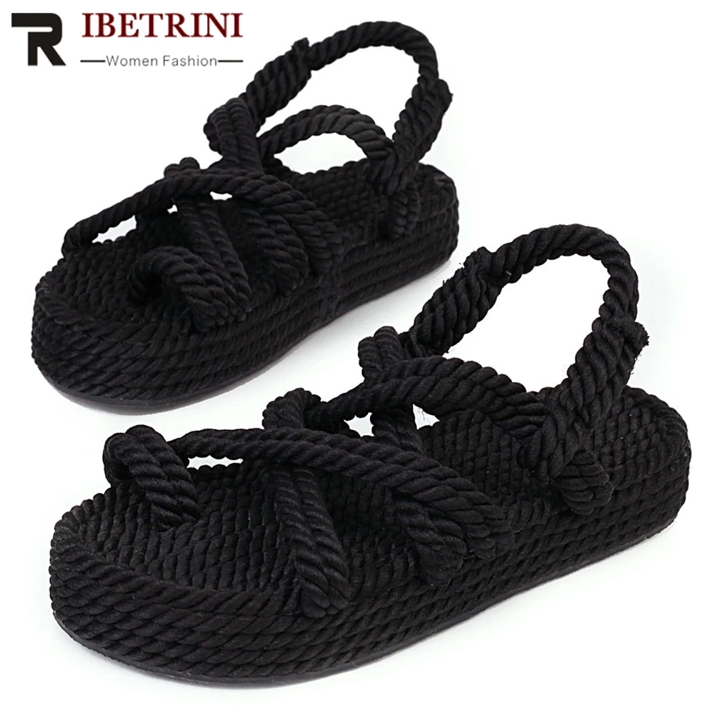 

RIBETRINI Fashion Hemp Ins Female Shoes Woman Summer Holiday Casual Cross Tied Sandals Women 2020 Platform Low Heels Sandals
