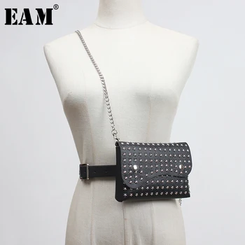 

[EAM] Pu Leather White Rivet Mini-bag Metal Chain Long Belt Personality Women New Fashion All-match Spring Autumn 2020 1Y753