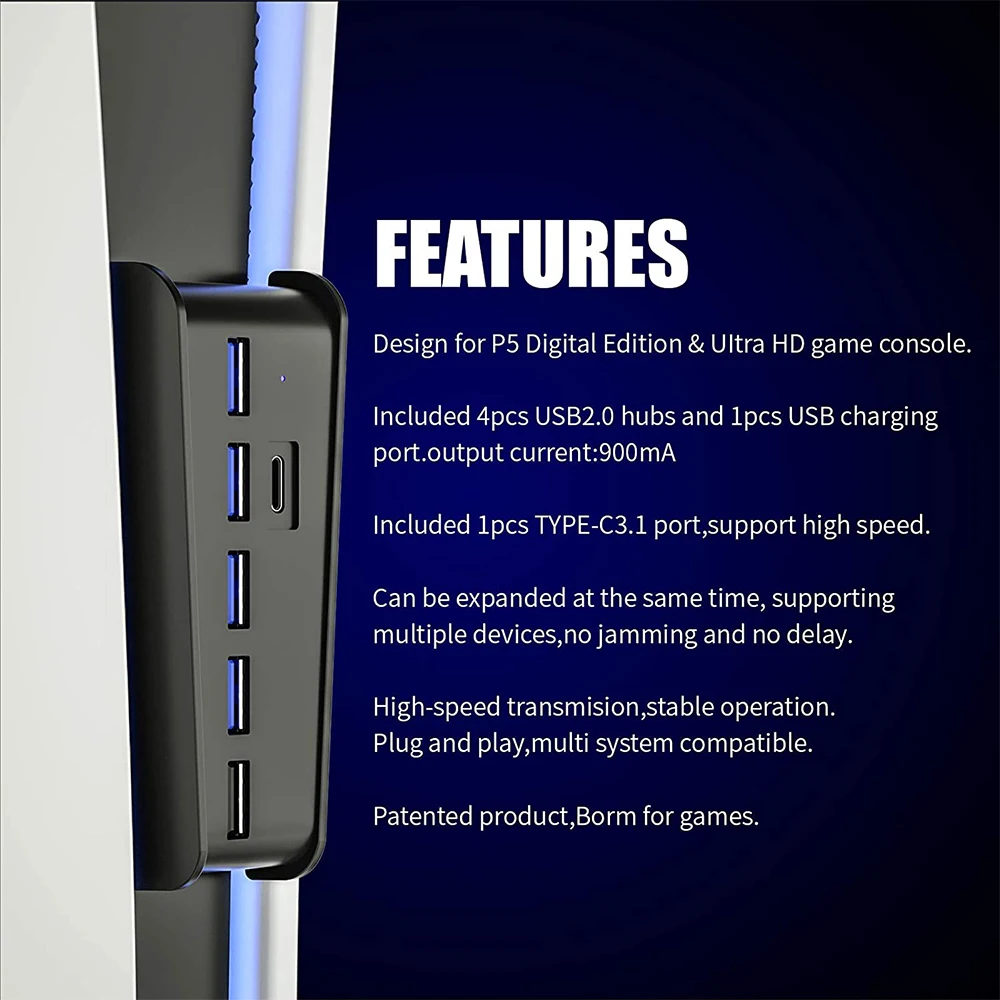 Convient pour Répartiteur et extenseur USB 6 en 1 pour Playstation 5 avec  boîte d'emballage 5 Ports USB A + 1 USB C pour PS5