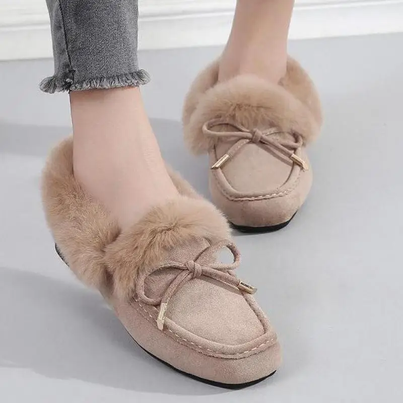 

2019 Winter Flats Shoes Woman Warm Snow Boots Lady Fur Genuine Leather Wool Ankle Boots Plus Size Bow Fashion Moccasins Footwear