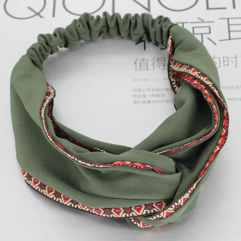 Army Green1 Helisopus модная Женская эластичная повязка на голову с крученым узлом, широкий головной убор, богемная Этническая вышивка, Женская лента для волос, аксессуары для волос - Цвет: Army Green1