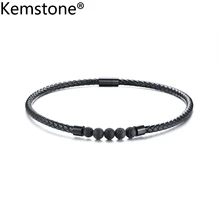 Kemstone классический из нержавеющей стали лавовый Камень натуральная кожа 44 см черный воротник ожерелье ювелирные изделия подарок для мужчин