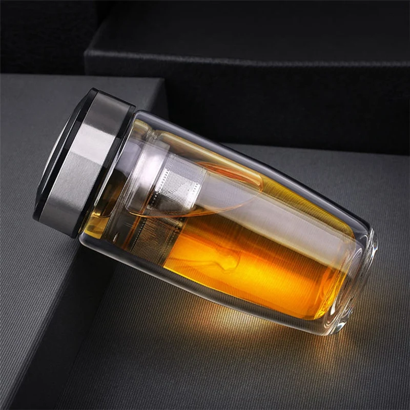 

350Ml Double Water Bottle Car Mounted Scald Proof Glass Bottle Stainless Steel Filter Tea Tumbler Silver