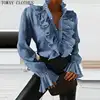 Autumn Winter Women Shirt Loose Casual Solid Color Ruffles Puffed Sleeve Blouse Blue Elegant Female Lady Blouse Top Shirts ► Photo 2/6