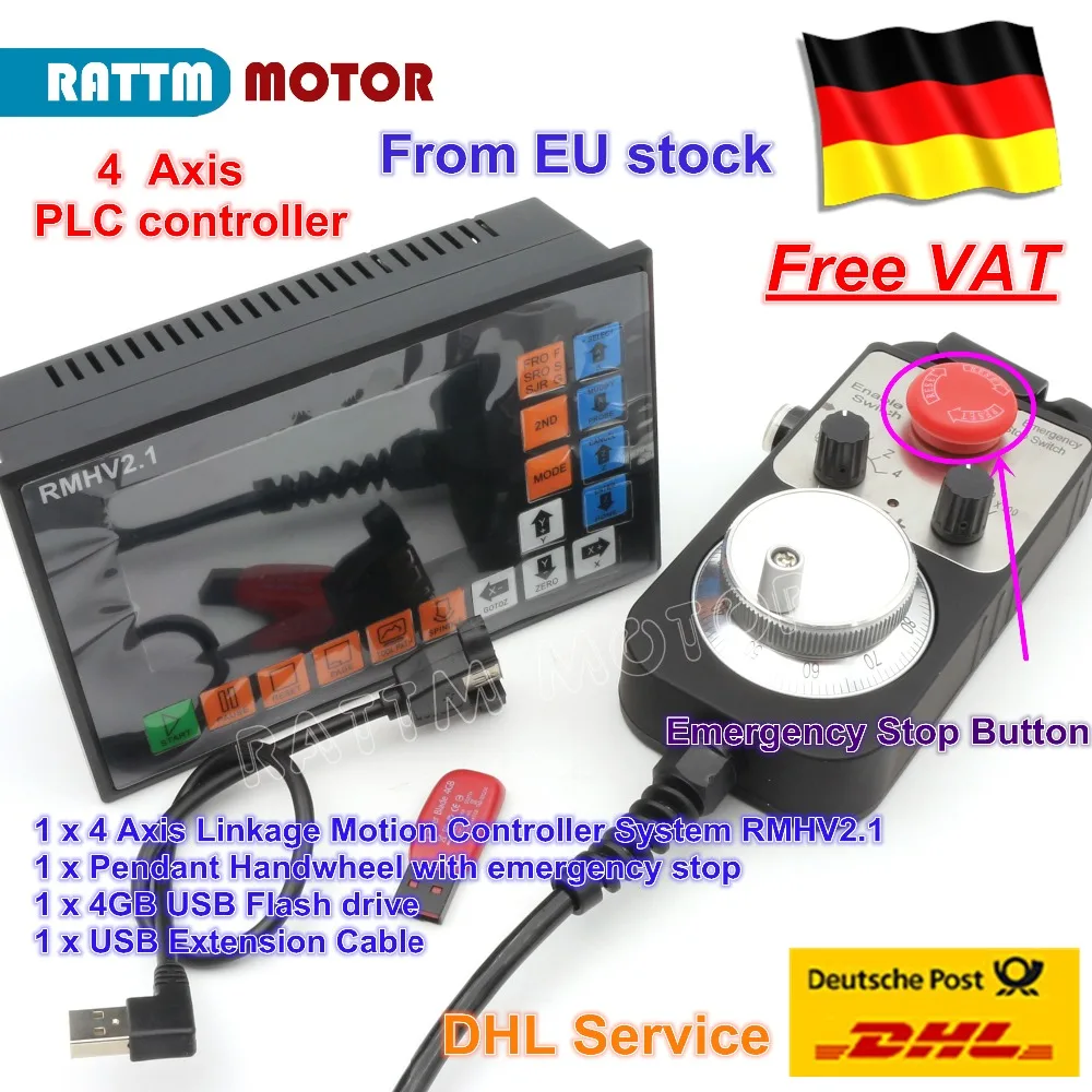 

DE ship 4 Axis PLC CNC off-line Controller 500KHz & Pendant Handwheel &Emergency Stop for CNC Router Engraving Milling Machine