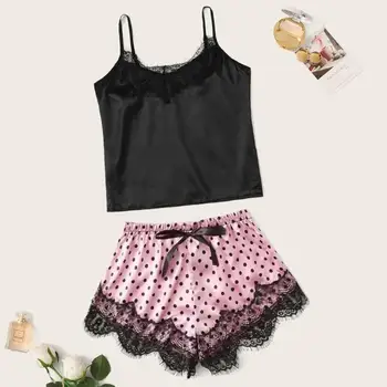 

Women Pajamas Sexy Lace Silk Pyjamas Set Crop Top Clothes For Women Straps Dots Print Bow Decor Shorts Ladies Sleepwear