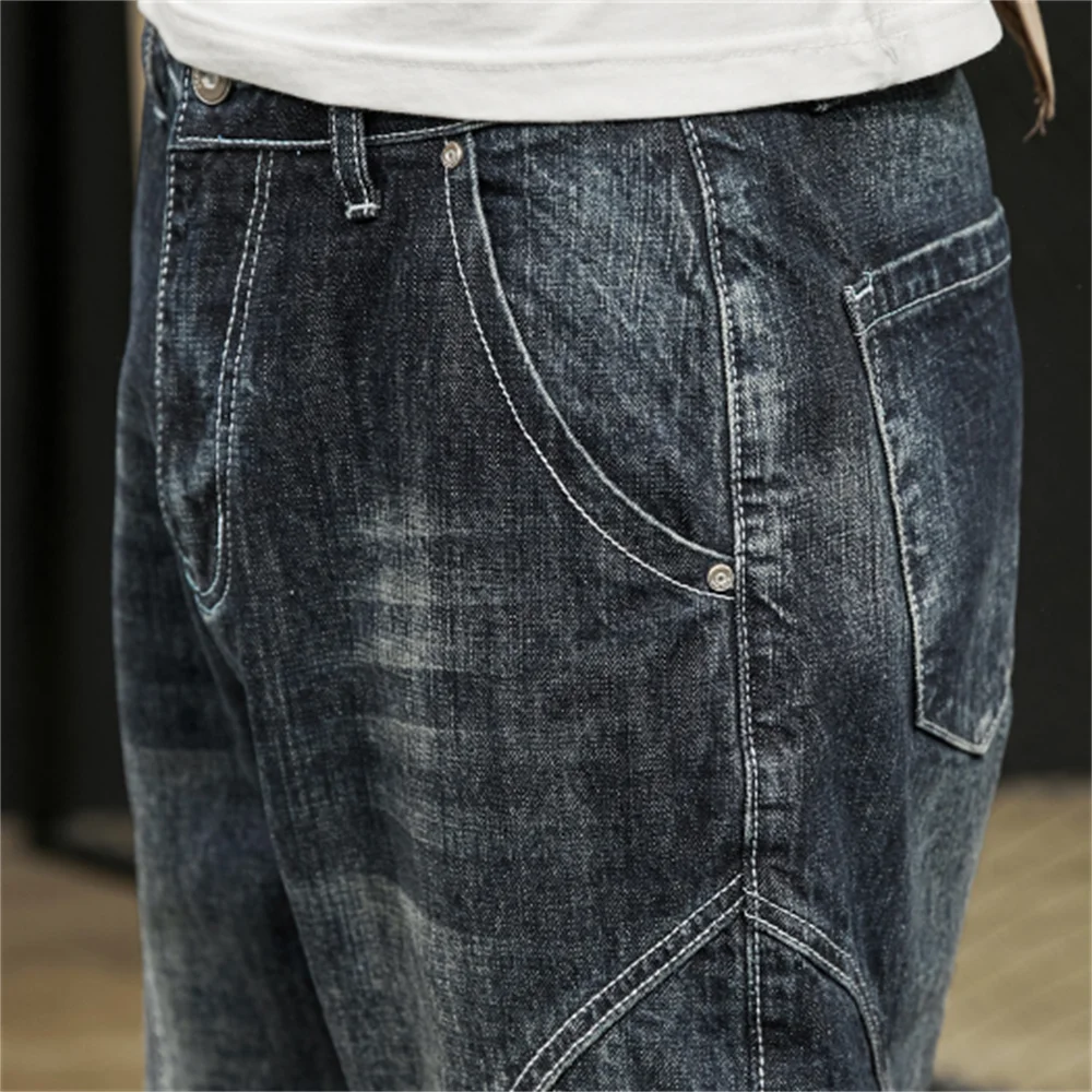 EH · MD® Stereo Double White Striped Loose Jeans Men's Fashion Slim Casual College Style Harem Trousers Feet Flanging Splicing