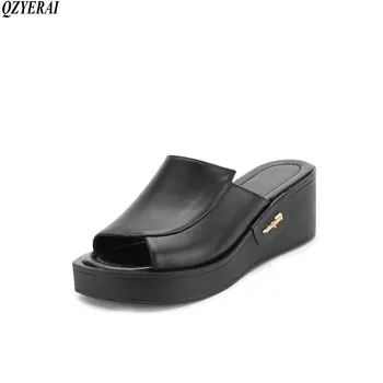 

Spring/summer genuine leather women's slippers 6cm wedges fish-toe sandals cowhide women's shoes size 34-43
