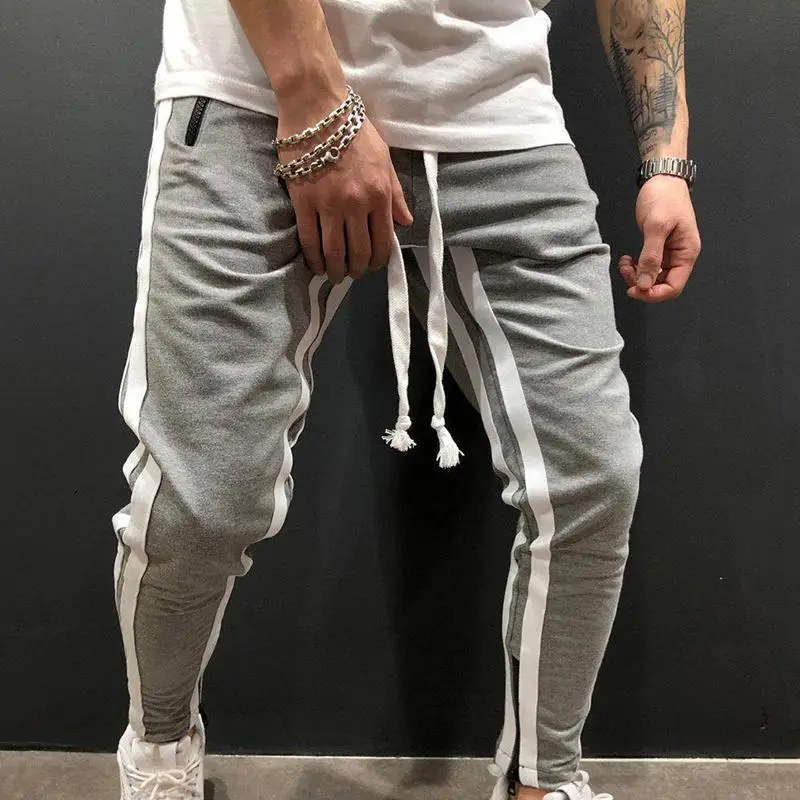 Новые мужские уличные боковые полосатые длинные спортивные штаны для спортзала тонкие спортивные шаровары для фитнеса хип-хоп спортивные брюки мужские брюки больших размеров - Цвет: Серый
