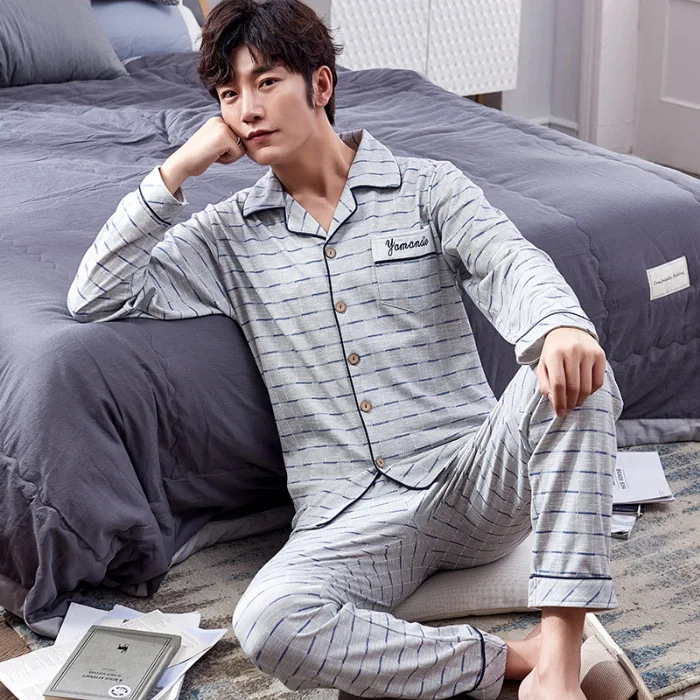 Pure Cotton Pajamas Men Spring And Autumn New Style Korean-style Casual Loose-Fit Long Sleeve Trousers Home Wear Two-Piece Set