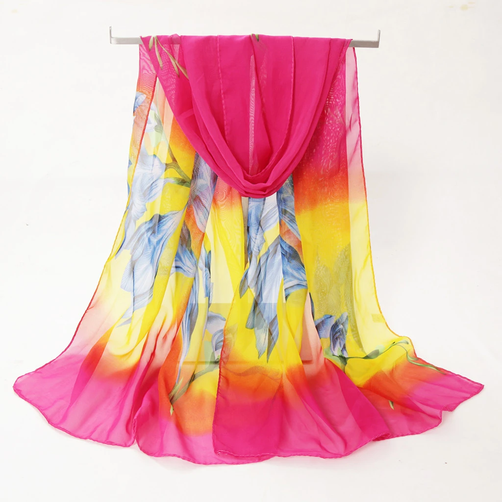 Fashion Silk Chiffon Scarves Women Wrap Sunscreen Beach Cover Up Long Hijab Print Flowers Shawl Summer Polyester Cape Femal 919