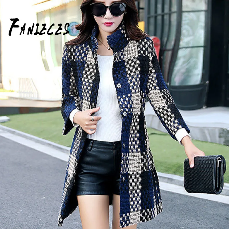 

Thicken large size 5XL plaid woolen coat women's autumn winter Coats long wool outcoat oversize polyester Casual Houndstooth