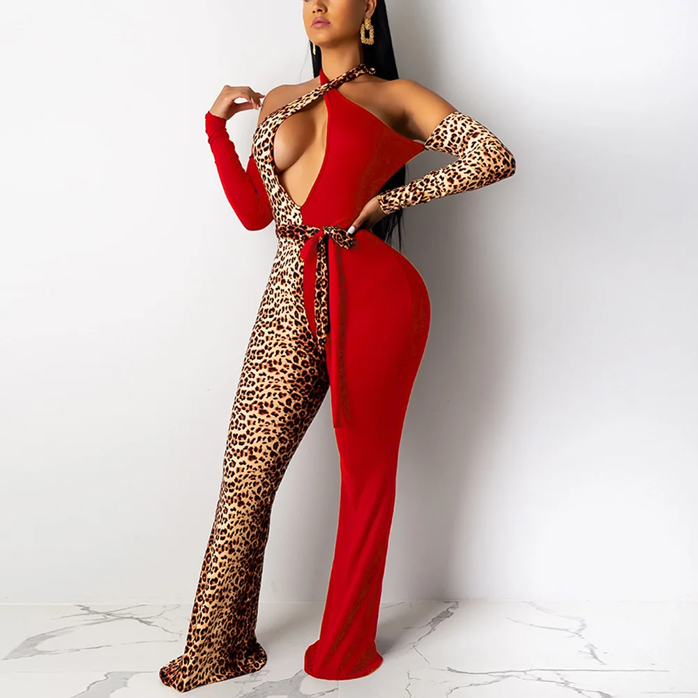 

Fadzeco Women Sexy Deep V Neck Bodycon Jumpsuit Leopard Print Backless Patchwork Long Sleeve Club Romper Playsuit with Belt