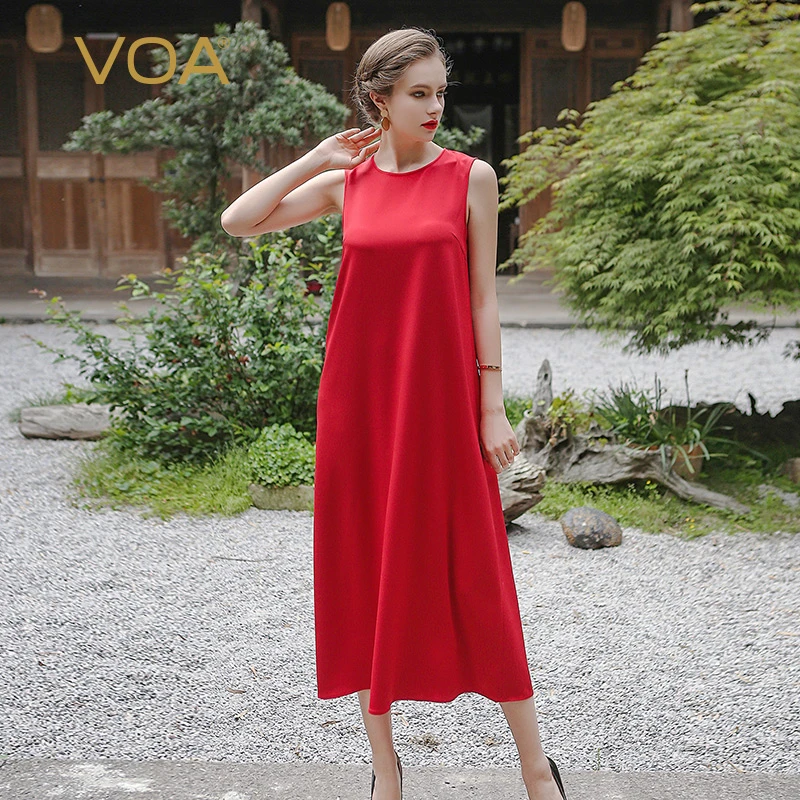 VOA vestidos largos de seda pesada sin mangas para mujeres vestido rojo suelto talla grande rojo otoño básico Simple ropa Casual A6570|red dress|a dressdress a AliExpress