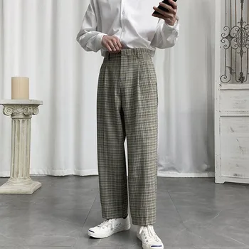

Homem retro moda casual solto calças xadrez masculino streetstyle hip hop terno reto pant