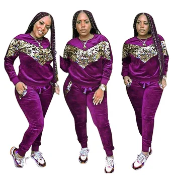 

Autumn Winter Women Two Piece Set Top and Pants Plus Size Tracksuit Sweatsuit Outfit Thick Fleece Sequin Casual Sets