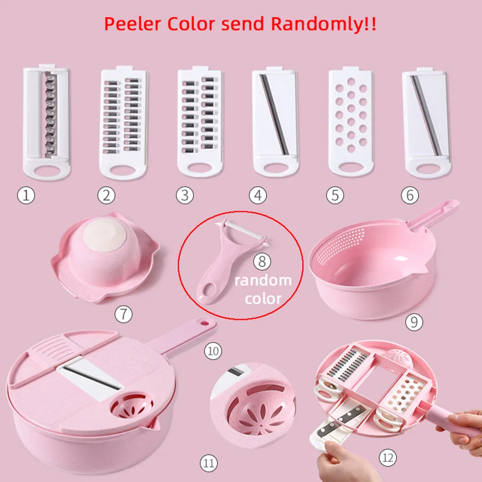 Pink 1 Набор многофункциональный нож для овощей со сливной корзиной кухонный инструмент фруктовый, овощной слайсер овощная Терка нож очиститель от кожуры Прямая поставка - Color: Pink