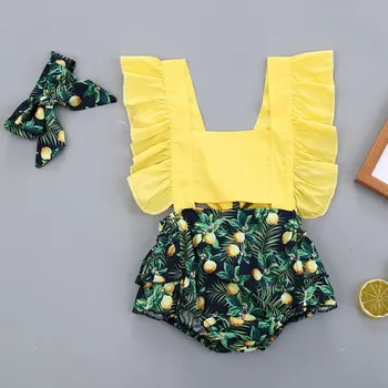 

Baby Newborn Girls Romper Backless Design Jumpsuit Flare Sleeve Leaves Fruits Print Infant Casual Bodysuits Outfits Hot Style