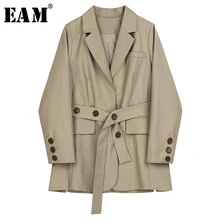 [EAM] Женский облегающий блейзер цвета хаки с завышенной талией, новинка, свободный пиджак с отворотом и длинным рукавом, модная куртка весна-осень, 1B484