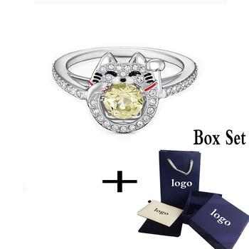 

2020 SWA Fashion SPARKLING DANCE CAT Ring Lucky Cat Suspension Jumping Yellow Crystal Girlfriend Engagement Ring Romantic Gift