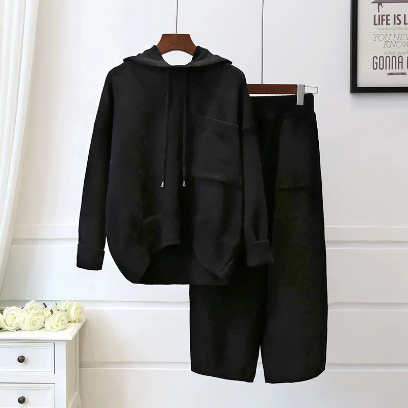 Комплект из 2 предметов, женский модный свитер с длинными рукавами и капюшоном, осенний модный вязаный Топ+ широкие брюки, костюм, женский комплект из двух предметов - Цвет: black