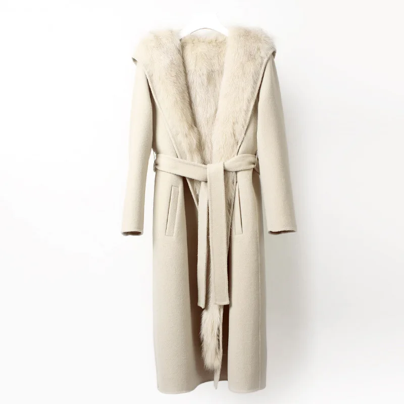 beige OFTBUY натуральный Лисий Мех Пальто Капюшон зимняя куртка Женское шерстяное пальто Длинная Верхняя одежда с поясом парка Уличная Повседневная съемная - Цвет: beige