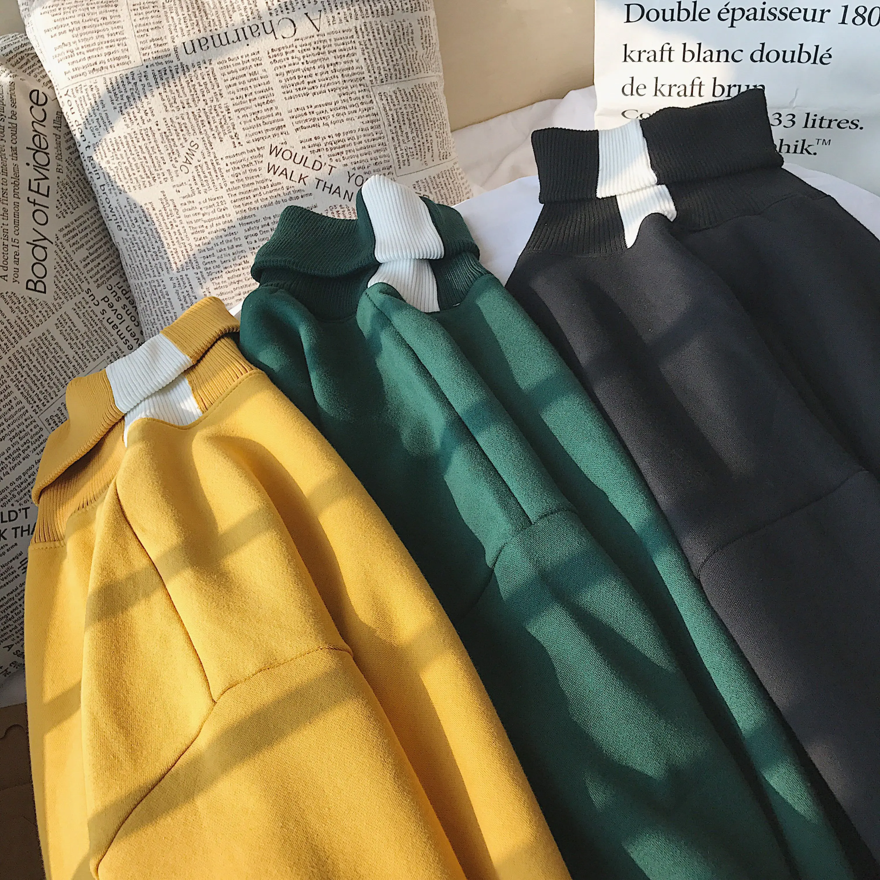 otouno e invierno nuevo Bf viento cuello alto mas terciopelo grueso hombres suéter negro/amarillo/verde/pourpura S-XL
