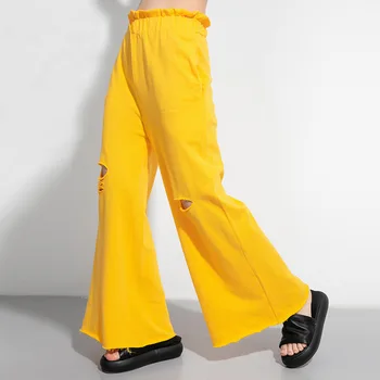 

solid color hole design wide leg pants Cotton and Lien large size casual pants for women straight streetwear trousers female