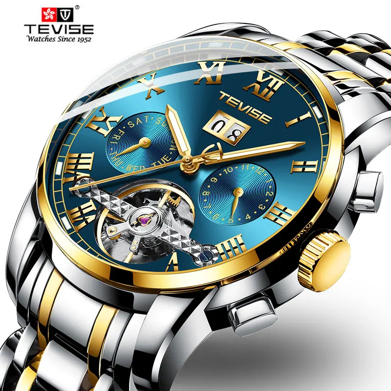 TEVISE Топ бренд автоматические часы мужские роскошные механические часы Полный календарь из нержавеющей стали водонепроницаемые часы Montre Homme