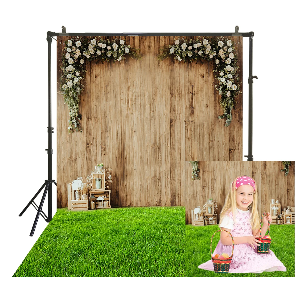 Весенний фотографический фон для фотосъемки с зеленой травой деревянная стена
