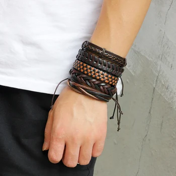 

6Pcs/ Set Braided Wrap Leather Bracelets for Men Vintage Life Tree Rudder Charm Wood Beads Ethnic Tribal Wristbands