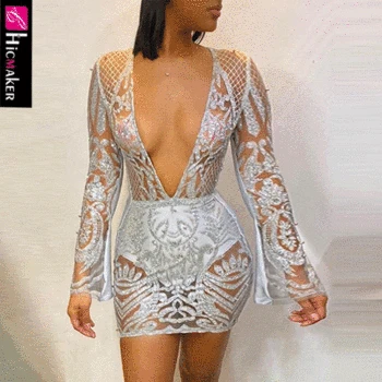 

Women Sheer Mesh Sequined Plunge Bodycon Dress Sexy & Club Long Sleeve See Through Night Out Cocktail Party Vestido
