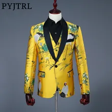 PYJTRL Мужская Классическая шаль с лацканами комплект из двух предметов Блейзер и жилет жаккардовый принт Slim Fit Золотая куртка Свадебные сценические костюмы певцов