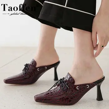 

Taoffen Cross tied Women Sandals Shoes Vintage Square Toe Patent Leather Shoes Slip On Stiletto Heel Women Sandals Size 34-43