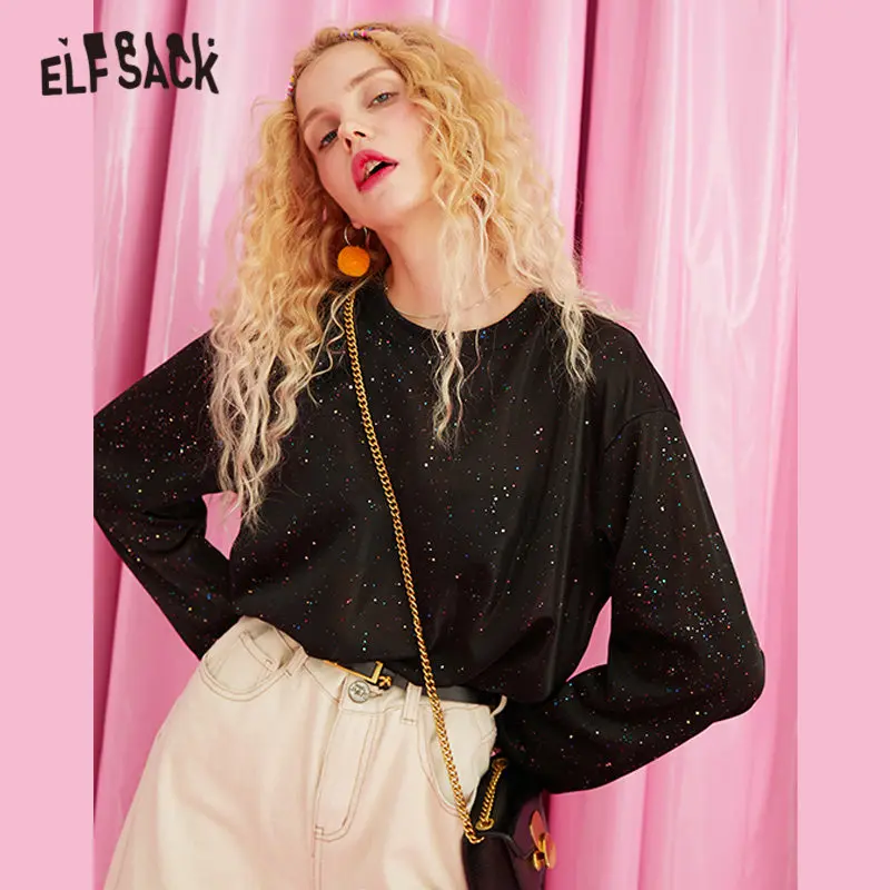 ELFSACK, черные, одноцветные, контрастные, с блестками, футболки для женщин, осень, новая мода, с расклешенными рукавами, чистый, Повседневный, офисный, для девушек, базовые Топы