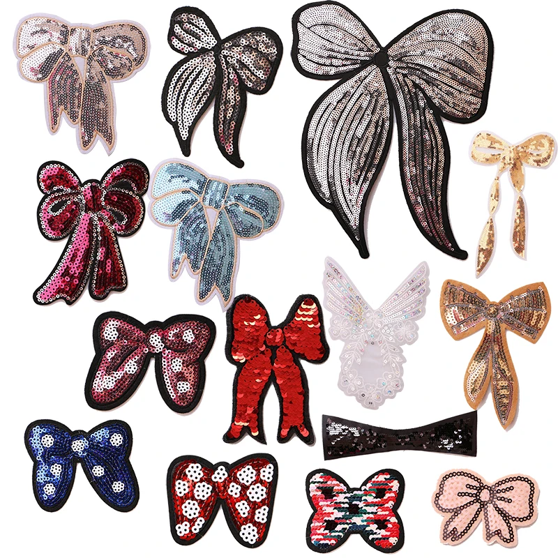 

1 Pcs Colorful bow sequin icons Embroidered Iron on Patches for Clothing DIY Stripes Clothes Patchwork Stickers Custom Badges