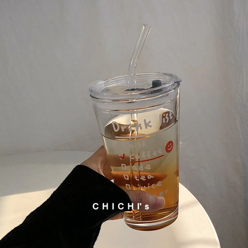 Glass Straw Cup Water Cup Glass Water Cup Accompanying Cup Korean Style Ins  Printed Letter Glass Straw Cup Large Capacity Milk Cup Breakfast Cup