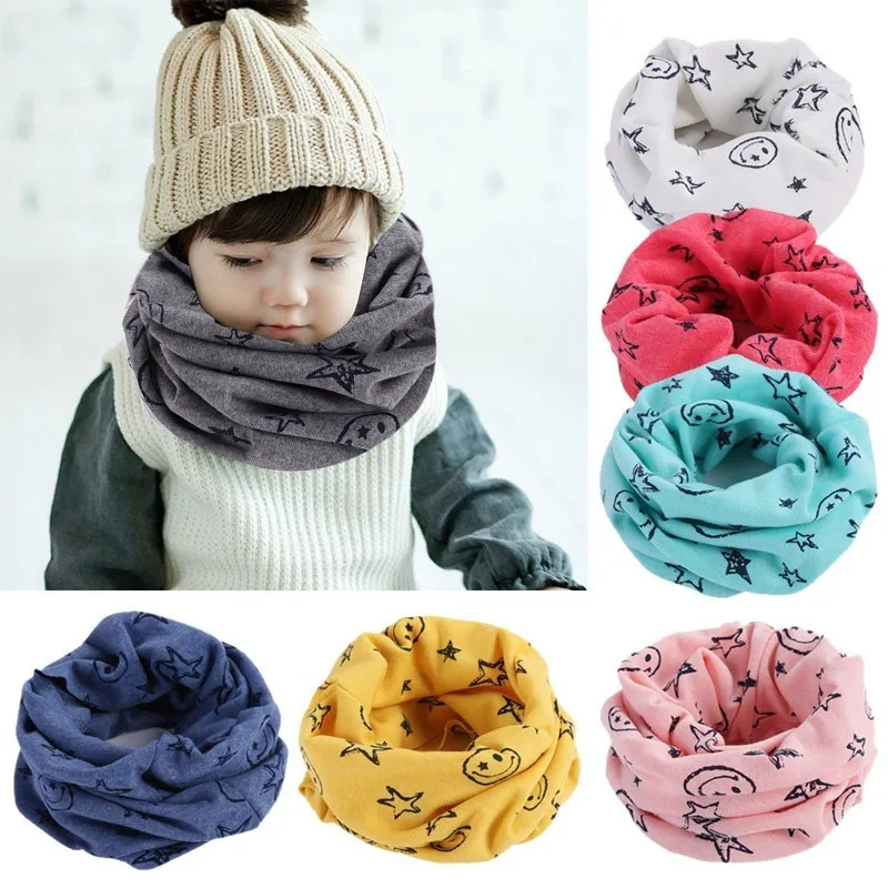 Scarf Children's Warm Cotton Tube Boy Girl Shawl O Ring Neckerchief Cartoon Smile Face star Pattern Foulard Autumn | Детская одежда