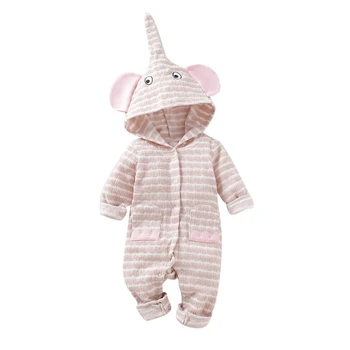 

Winter Warm Baby Clothes Cotton Soft Cute Striped Elephant Design Hoodie Long Sleeve Outerwear Romper For Boy Girl