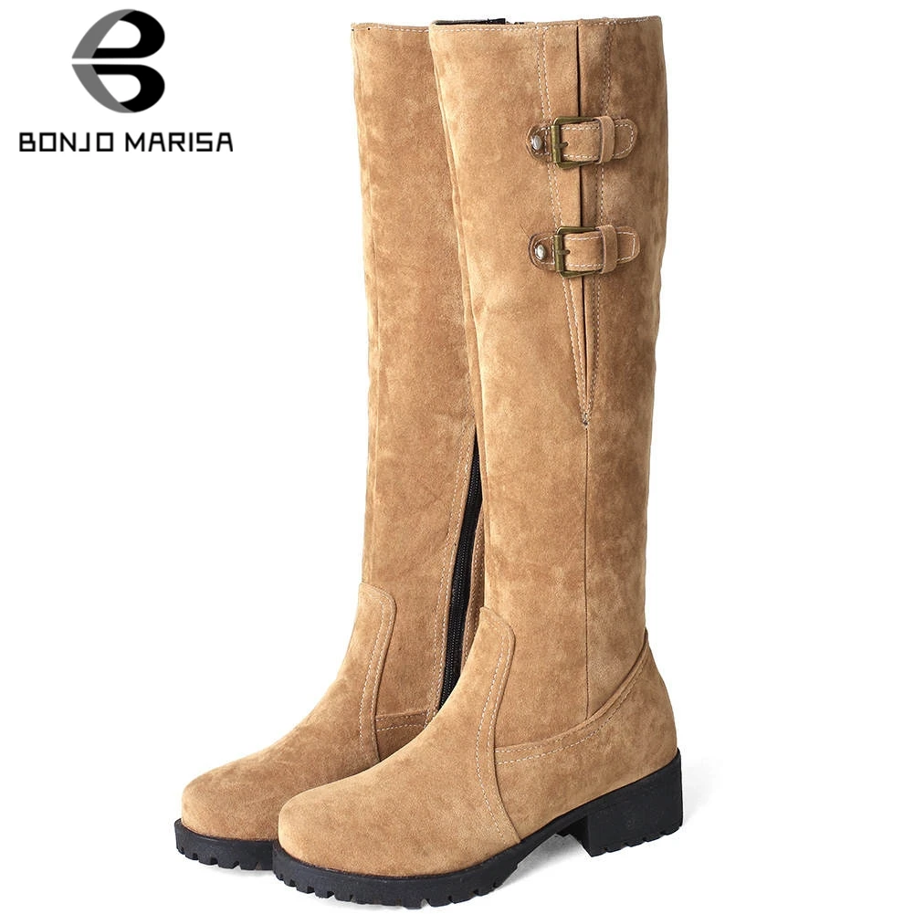

BONJOMARISA New 33-44 Elegant Platform Zipper Boots Ladies Flock Knee High Riding Boots Women 2020 Casual Low Heels Shoes Woman