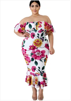 

Dear Lover New Summer Plus Size Sexy Party Dresses Women White Floral Print Off-the-shoulder Mermaid Plus Size Dress