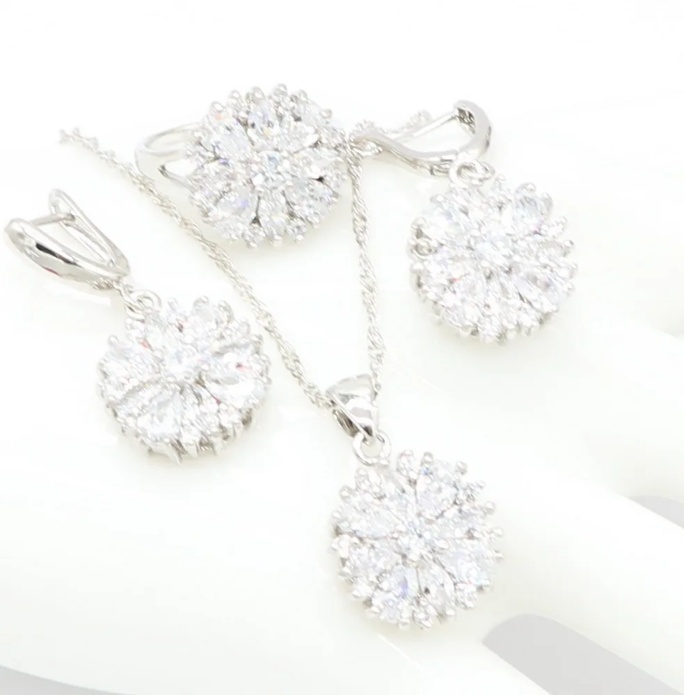 

White Cubic Zirconia 925 Sterling Silver Trendy Pendant Necklace Earring Ring Jewelry Sets for women Fashion Gift